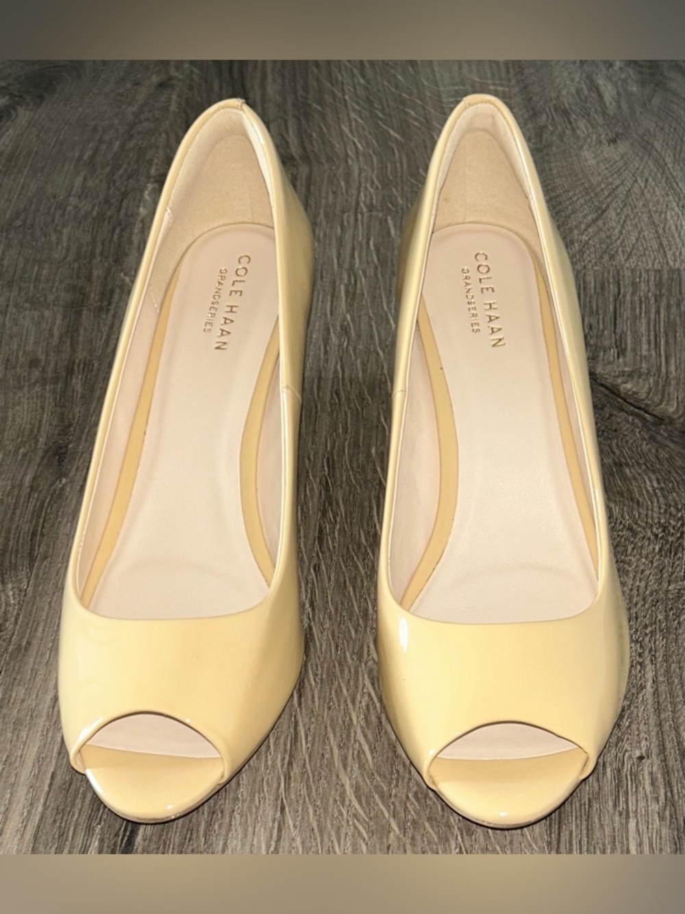 Cole Haan Tanish/Yellow Patent Leather Peep-Toe Wedge Heels, NEW